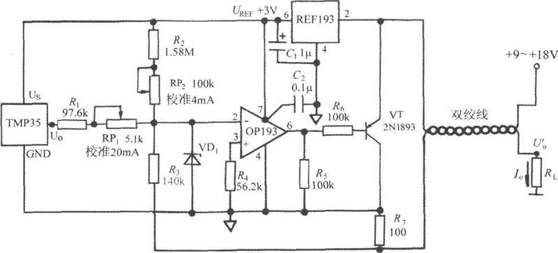 TMP35构成的4～20mA温度变送器电路图